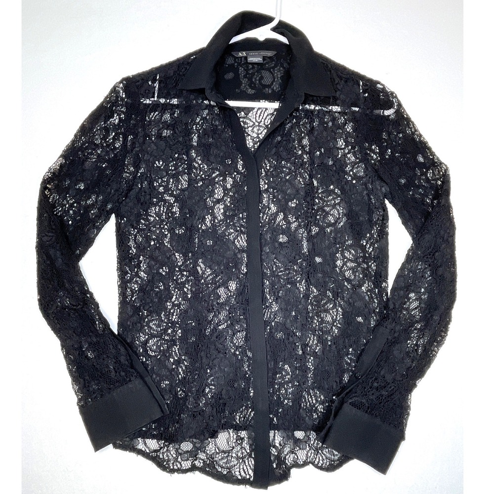 Women Shirt Goth Sheer Floral Lace Button Up XS Black Armani Exchange